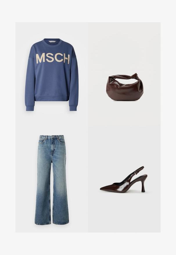 Sweat-shirt bleu à col ras du cou, manches longues, avec "MSCH" brodé en or sur le devant. Tissu doux avec une coupe décontractée.; Jean en denim bleu clair avec taille haute, coupe ample, léger délavage et coutures contrastantes ; présente des poches avant et une fermeture à bouton.; Talons slingback en cuir verni brun avec un bout pointu, un talon fin, et une sangle réglable avec une petite boucle.; Sac bandoulière en cuir marron foncé avec une forme souple et décontractée et une anse nouée torsadée sur un fond blanc uni.