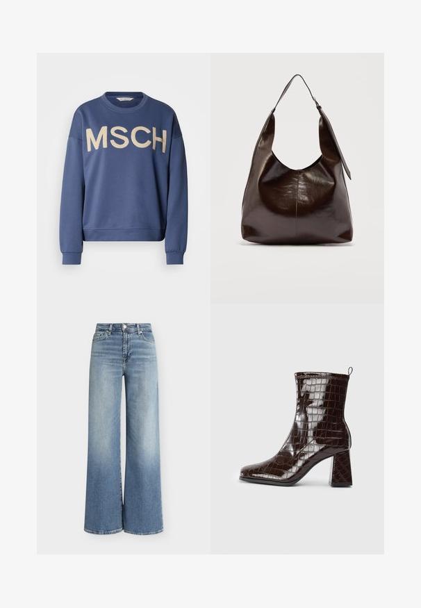 Sweat-shirt bleu à col ras du cou, manches longues, avec "MSCH" brodé en or sur le devant. Tissu doux avec une coupe décontractée.; Jean bleu clair taille haute à jambes larges, cinq poches, bouton et zip devant, avec de subtils effets délavés sur les cuisses et les genoux.; Bottine en cuir verni marron foncé, avec texture crocodile, talon carré et tirant à l'arrière sur fond blanc.; Sac à bandoulière en cuir marron foncé brillant avec une seule large sangle et un détail de boucle sur un côté, posé sur un fond clair uni.