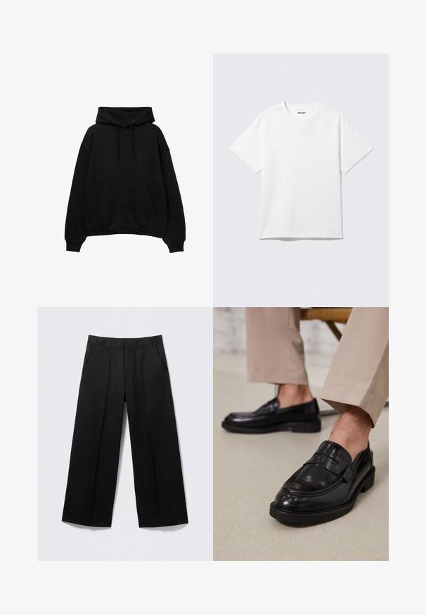 Sweatshirt noir à capuche avec poche avant, coupe ample, poignets et ourlet côtelés. Fabriqué en tissu épais, avec cordons de serrage à la capuche.; T-shirt blanc à manches courtes et col rond, étalé à plat, design uni, avec l'étiquette "WEEKDAY" à l'intérieur du col sur un fond clair.; Pantalon large noir avec passants pour ceinture, poches avant et fermeture éclair, présenté sur un fond gris clair.; Mocassins en cuir noir avec une finition lisse, ornés d'une sangle décorative et de coutures contrastées, associés à un pantalon beige.