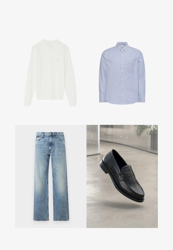 Pull blanc à manches longues en maille douce. Il présente un col rond et un petit motif d'oiseau brodé sur le côté gauche de la poitrine.; Chemise bleu clair à manches longues avec rayures blanches verticales, col boutonné, poche sur le devant et boutons blancs au centre.; Jean droit en denim bleu clair avec taille haute, cinq poches, fermeture à boutons et léger délavage sur les cuisses et les genoux.; Mocassin en cuir noir à texture lisse, bout pointu et bande décorative sur le cou-de-pied. Semelle légère, design minimaliste.