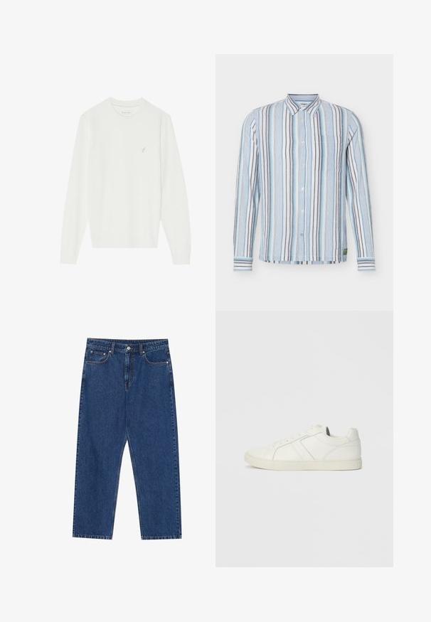 Hvid langærmet sweater lavet af blødt strikket materiale. Har en rund hals og et lille broderet fugledesign på venstre bryst.; Langærmet skjorte med knapper, med lodrette striber i blå, hvid, grå og lys turkis, med krave og brystlomme.; Mørkeblå denim jeans med lige ben, forlommer og en knaplukning med kontraststing hele vejen.; Lave hvide lædersneakers med snørebånd og flad gummisål, set fra indersiden på en ensfarvet baggrund.