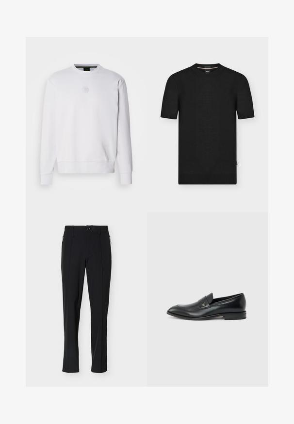 Sweatshirt blanc fabriqué en tissu lisse, avec uncol rond, des poignets côtelés et un logo hexagonal discret sur la poitrine. Design simple.; Pull noir en maille à manches courtes avec col rond côtelé, poignets et ourlet, avec une petite étiquette latérale et une étiquette intérieure de col de marque.; Pantalon noir ajusté, coupe slim, avec bouton sur le devant et poches latérales zippées, présenté sur un fond blanc.; Mocassin pour hommes en cuir noir avec talon bas, bout arrondi et petit logo métallique sur la bride, présenté en profil latéral sur un fond uni.
