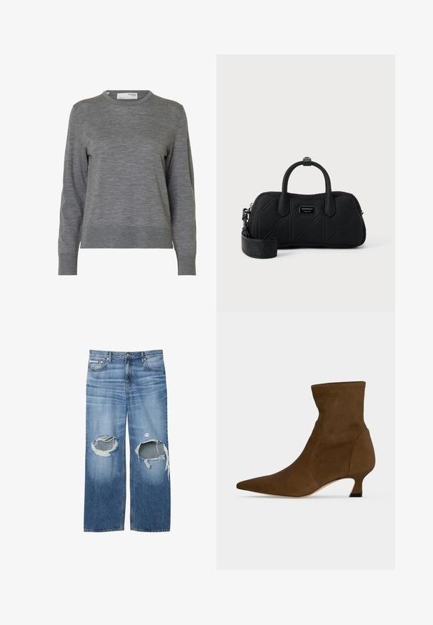Langærmet, lysegrå striktrøje med rund hals og ribstrikkede manchetter og kant, vist mod hvid baggrund.; Blå denimjeans med store revnede huller på begge knæ og et lille Calvin Klein-mærke på højre forlomme.; Brun ankelstøvle med spids tå og lav kitten hæl, lavet af glat materiale, vist mod en ensfarvet baggrund.; Sort quiltet rektangulær håndtaske med to øverste håndtag, aftagelig bred skulderrem og lille metalplade med mærke foran i midten.