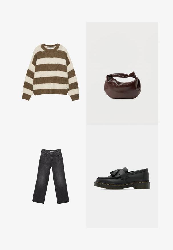 Pull en maille rayé marron et crème avec un col rond, une coupe oversize, et des poignets et un ourlet côtelés. Tissu doux et texturé.; Jean noir à jambes larges avec poches avant et arrière, fermeture par bouton et passants de ceinture, posé à plat sur fond blanc.; Mocassins en cuir noir avec un bout rond, présentant un détail à franges et une bande décorative à l'avant, montés sur un talon épais.; Sac bandoulière en cuir marron foncé avec une forme souple et décontractée et une anse nouée torsadée sur un fond blanc uni.