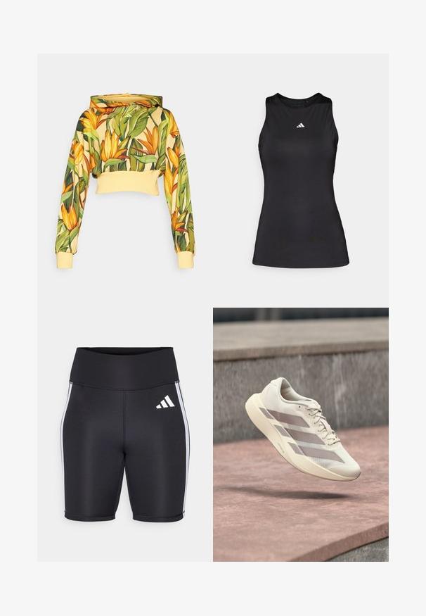Sudadera corta hecha de una tela con un estampado floral que presenta flores amarillas y hojas verdes, con un dobladillo y puños acanalados amarillos.; Top deportivo negro sin mangas hecho de una tela suave. Presenta un escote redondo y un pequeño logo blanco de Adidas en el pecho.; Pantalones cortos deportivos negros con una cinturilla alta, franjas laterales blancas y un pequeño logo blanco. Tejido suave con un diseño ajustado.; Zapatilla de correr color crema con rayas topo flotando sobre una superficie de baldosas rojo pardusco y un fondo de piedra gris.