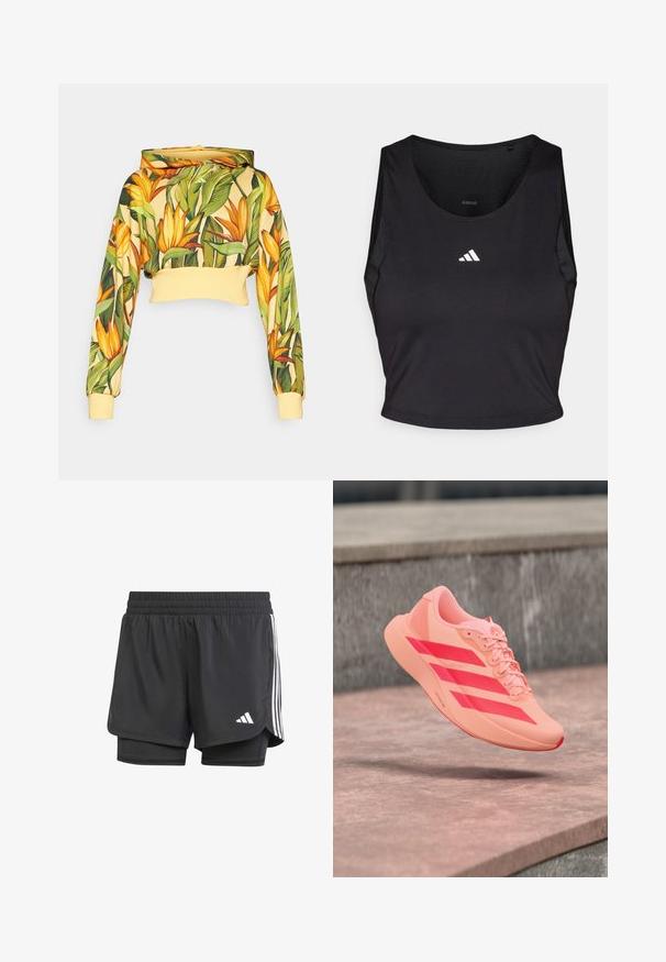 Sudadera corta hecha de una tela con un estampado floral que presenta flores amarillas y hojas verdes, con un dobladillo y puños acanalados amarillos.; Top deportivo negro de corte corto, hecho de tela que absorbe la humedad, con cuello redondo, diseño sin mangas y logo blanco en el pecho.; Pantalones cortos deportivos negros con capa interior, cintura elástica y tres rayas blancas en los laterales, presentando un pequeño logo blanco. Textura suave.; Zapatilla deportiva color coral claro con rayas y cordones rojos brillantes flotando sobre escalones de piedra en un entorno exterior.