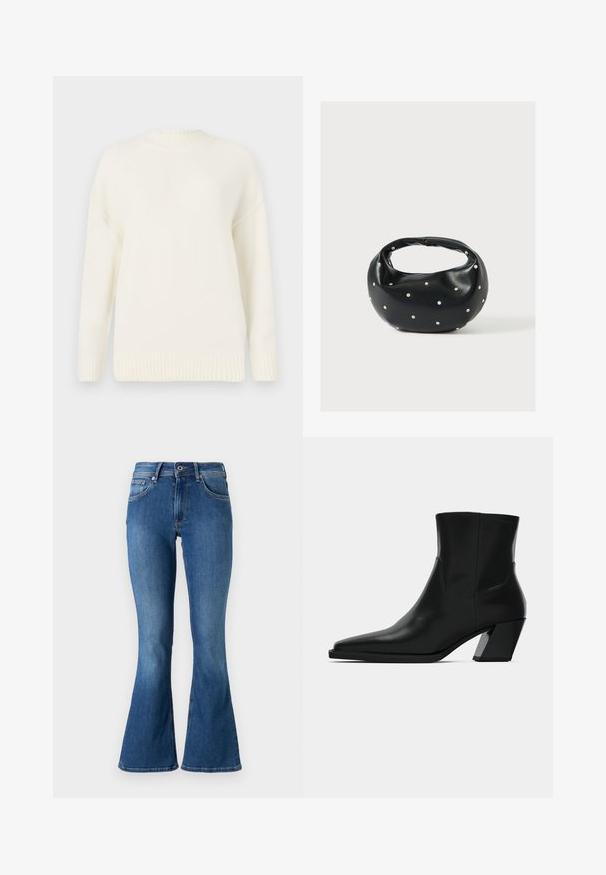 Pull en tricot blanc avec un col et des poignets en côtes. Présente une coupe décontractée et une texture douce, idéale pour superposer lors des temps plus frais.; Jean en denim bleu évasé avec une taille mi-haute, doté de cinq poches, d'une fermeture à bouton et d'une légère décoloration le long des jambes.; Bottine en cuir noir avec un bout pointu, une silhouette élégante et un talon carré massif. Texture lisse avec des détails de couture minimalistes.; Sac à main en cuir noir de forme arrondie, décoré de clous argentés et équipé d'une poignée courte. Texture lisse et fermeture éclair.