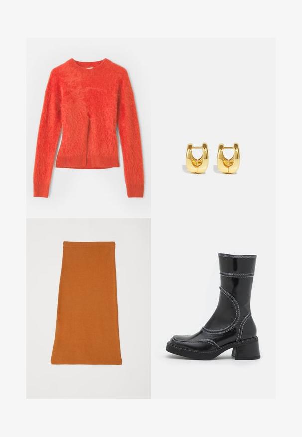 Pull rouge en peluche avec des manches longues et un col rond. Présente une coupe légèrement oversize et un ourlet côtelé en bas.; Jupe en tissu orange et extensible avec une texture lisse, présentant un design simple et ajusté, avec un ourlet droit. Aucun matériel ou motif visible.; Bottine en cuir verni noir avec des coutures blanches, bout arrondi et talon carré. Présente des lignes de design courbées et une texture lisse.; Boucles d'oreilles en or avec un design élégant et arrondi. Présentent un centre creux et une surface brillante, complétant les styles modernes.