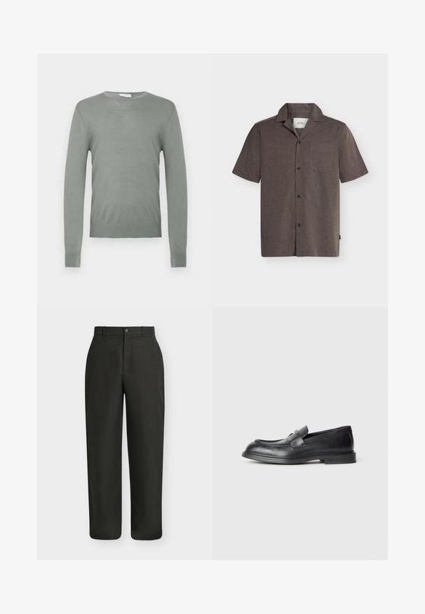 Pull en tricot vert clair avec des manches longues et un col rond. Texture lisse avec des poignets et un ourlet côtelés. Pas de matériel ou de motifs visibles.; Chemise marron à manches courtes avec boutons, col et poche poitrine, présentée à plat sur fond blanc.; Pantalon noir droit avec fermeture par bouton et fermeture éclair et passants de ceinture sur un fond clair uni.; Mocassins en cuir noir avec une finition texturée, dotés d'une bride décorative à l'avant et d'un bout arrondi. Semelle en caoutchouc pour plus de durabilité.
