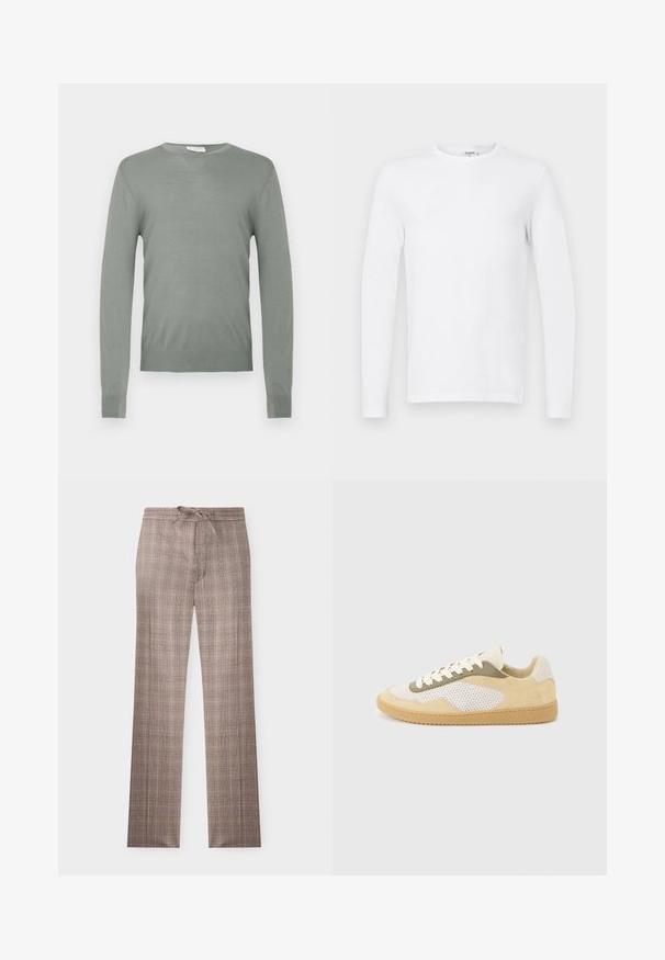 Pull en tricot vert clair avec des manches longues et un col rond. Texture lisse avec des poignets et un ourlet côtelés. Pas de matériel ou de motifs visibles.; T-shirt à manches longues, unisexe, blanche à col rond, présenté sur un fond plat, gris clair.; Pantalon marron à carreaux à jambes droites avec taille à cordon, devant plat et motif à carreaux subtil sur fond blanc.; Baskets basses en daim beige, panneaux en maille blanche, accents olive, lacets blancs et semelle en caoutchouc naturel sur fond gris clair.