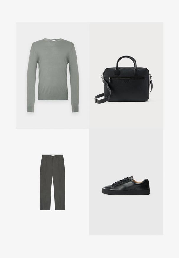 Pull en tricot vert clair avec des manches longues et un col rond. Texture lisse avec des poignets et un ourlet côtelés. Pas de matériel ou de motifs visibles.; Pantalon gris foncé sur mesure avec plis à l'avant, passants pour ceinture, poches latérales et fermeture par bouton et fermeture éclair.; Baskets en cuir noir avec une texture lisse, bout rond et fermeture à lacets. Comprend une semelle en caoutchouc épaisse et un minimum de détails de marque.; Serviette rectangulaire en cuir noir texturé avec double poignée, poche avant zippée et bandoulière réglable présentée sur fond blanc.