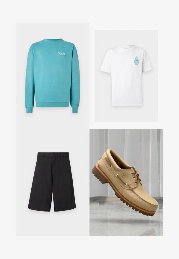 Turkis bomulds sweatshirt, rund hals, lange ærmer, ribbede manchetter og kant, med et lille hvidt grafisk logo på venstre bryst.; Hvid T-shirt med korte ærmer og rund hals med et lille blåt øje-design inden i en dråbeform på venstre bryst.; Sorte cargoshorts lavet af letvægtsstof med knaplukning og to forlommer, i et rent, lige snit.; Lysbrune læderbådsko med tyk, rillet sål og snøre detaljer, svævende over et marmor gulv med baggrund af hvide lodrette persienner.