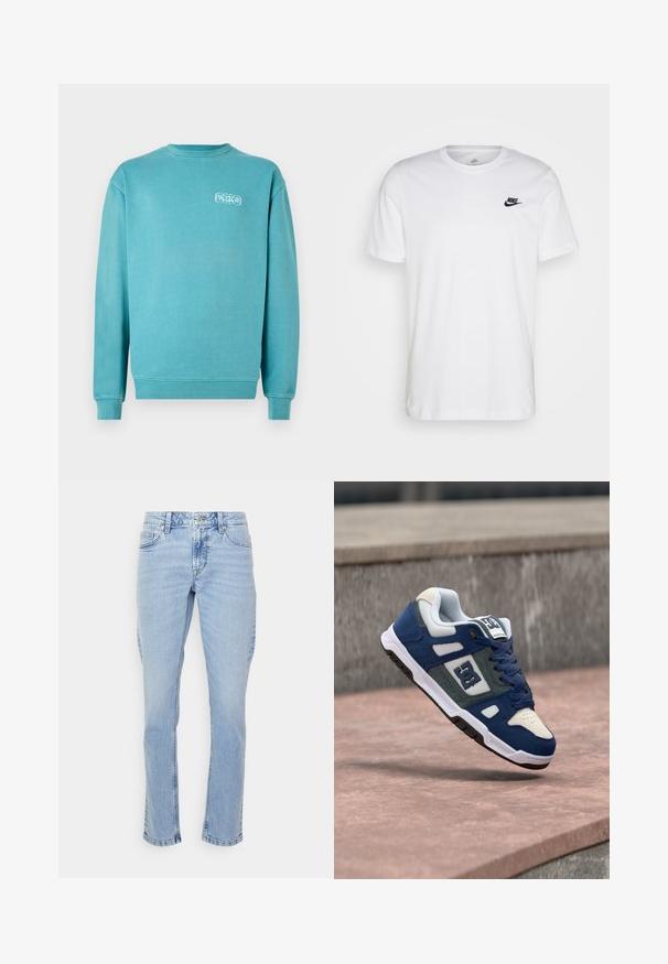Turkis bomulds sweatshirt, rund hals, lange ærmer, ribbede manchetter og kant, med et lille hvidt grafisk logo på venstre bryst.; Hvid bomulds T-shirt med rund hals, korte ærmer og et sort Nike-logo på venstre bryst. Enkel, ensfarvet design.; Lyseblå cowboybukser med lige ben, der har et klassisk fem-lomme design, bæltesløjfer og subtilt slid. Ufærdig kant nederst.; Blå og hvide DC skate sko med mørkeblå snørebånd, hvid sål og logo, flydende over en lyserød betonafdækning.