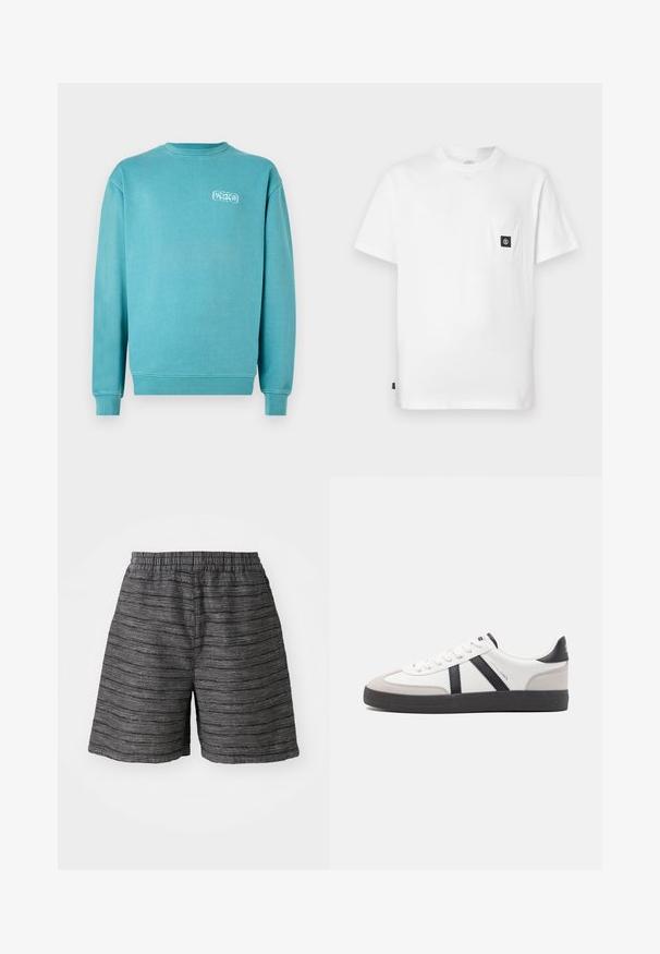 Turkis bomulds sweatshirt, rund hals, lange ærmer, ribbede manchetter og kant, med et lille hvidt grafisk logo på venstre bryst.; Hvid bomulds T-shirt med rund halsudskæring, korte ærmer og en brystlomme med en sort logopatch. Glat tekstur, løs pasform.; Grå shorts med elastisk talje, fremstillet i et struktureret stof med vandrette striber. Længde til midt på låret og afslappet pasform.; Hvide sneakers med sorte og grå detaljer, med en tekstureret grå tåhætte, sort gummisål og flade hvide snørebånd. Rent design, minimalistisk stil.