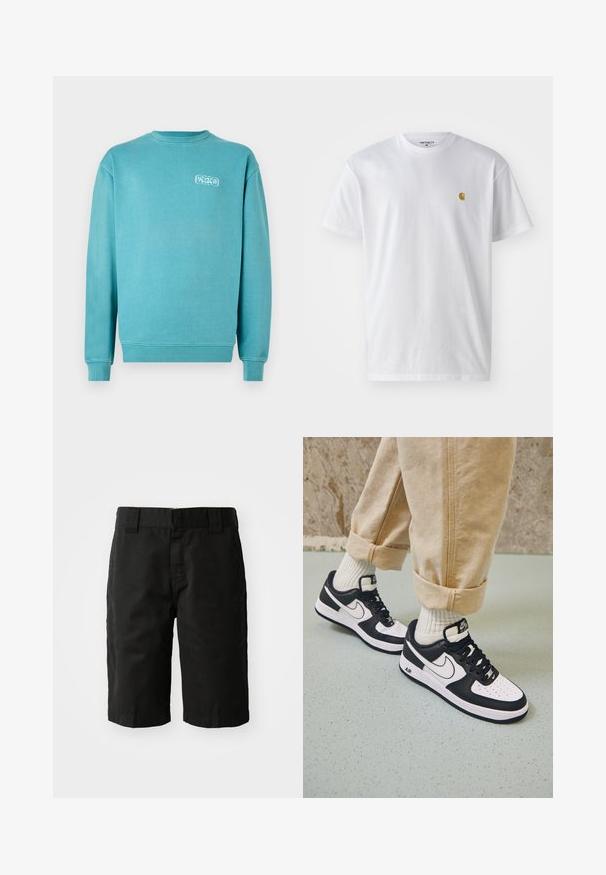 Turkis bomulds sweatshirt, rund hals, lange ærmer, ribbede manchetter og kant, med et lille hvidt grafisk logo på venstre bryst.; Hvid bomulds t-shirt med korte ærmer, rund hals og et lille guld logo på venstre brystområde. Blød tekstur og almindelig pasform.; Sorte bomuldsshorts med lige snit, bæltestropper og flad front. Har lommer på siderne og en glat tekstur.; Sorte og hvide Nike Air Force 1 sneakers med læderoverdel, perforeret tå og tekstureret såldetalje, båret med rullede beige bukser og hvide sokker.