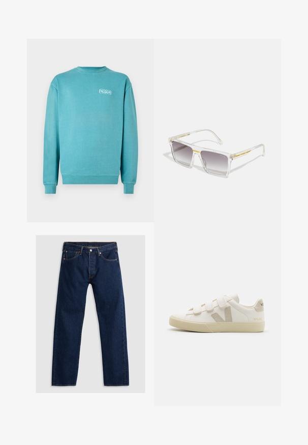 Turkis bomulds sweatshirt, rund hals, lange ærmer, ribbede manchetter og kant, med et lille hvidt grafisk logo på venstre bryst.; Mørkeblå lige ben denim jeans med frontknap, bæltesløjfer og fem-lomme design lagt fladt på en lys baggrund.; Hvide lædersneakers med Velcro-remme, beige accenter, rund tå, tekstureret gummisål og prægede logo. Minimalistisk design.; Klare rektangulære solbriller med gradient grå linser, gyldne detaljer på næsebroen og transparente arme.