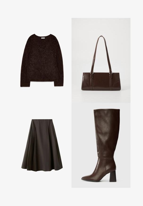 Pull en maille brun avec un décolleté en V, des manches longues et une texture douce et pelucheuse. Le design est surdimensionné avec une coupe décontractée et un minimalisme dans les détails.; Jupe noire trapèze à taille haute avec ourlet évasé, fabriquée en tissu lisse, présentée sur fond blanc.; Botte en cuir marron hauteur genou avec un bout pointu et un talon texturé épais. Fini lisse avec des détails de couture minimaux.; Sac à main en cuir verni marron de forme rectangulaire, avec deux longues poignées et des accents courbés subtils à l'avant.