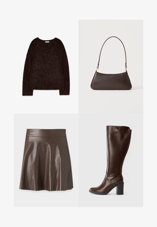 Pull en maille brun avec un décolleté en V, des manches longues et une texture douce et pelucheuse. Le design est surdimensionné avec une coupe décontractée et un minimalisme dans les détails.; Jupe trapèze en cuir synthétique marron foncé avec une taille haute et une texture lisse légèrement brillante.; Botte en cuir marron foncé, arrivant jusqu'au genou, avec un bout arrondi et un talon bloc, au fini lisse et avec un panneau élastique à l'arrière.; Sac à main en cuir marron foncé avec une fermeture éclair incurvée en haut et une fine bandoulière avec des fermoirs dorés sur un fond uni.