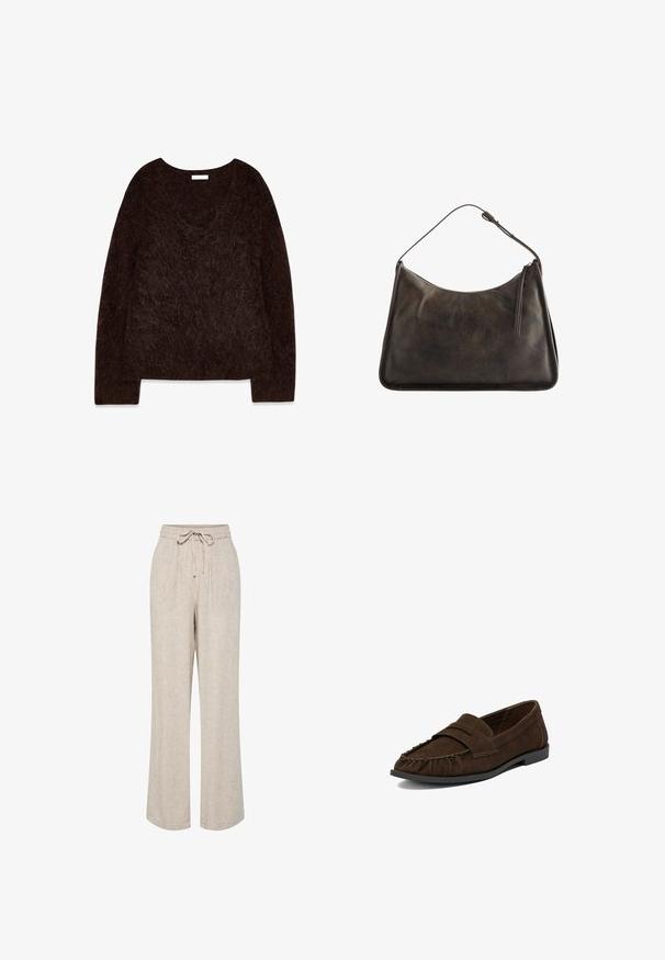 Pull en maille brun avec un décolleté en V, des manches longues et une texture douce et pelucheuse. Le design est surdimensionné avec une coupe décontractée et un minimalisme dans les détails.; Pantalon beige coupe ample avec jambes larges, taille élastique et cordon noué à l'avant.; Mocassin en daim brun foncé avec bout mocassin cousu et semelle plate noire, vu légèrement de biais sur fond blanc.; Sac à bandoulière en cuir marron foncé avec un dessus incurvé, une sangle ajustable et une fermeture éclair avec une languette en cuir.