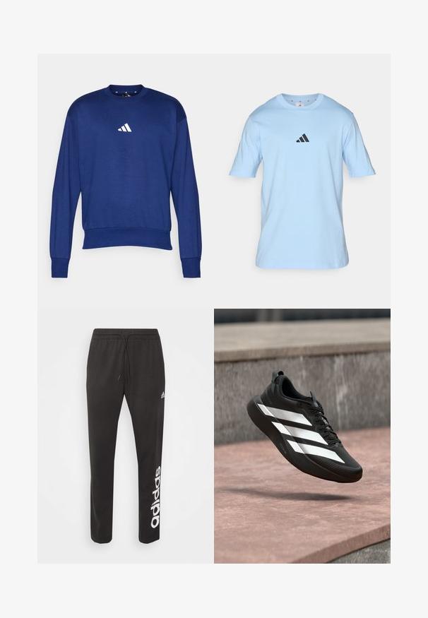 Sudadera azul de manga larga hecha de un tejido suave. Cuenta con un cuello redondo y un logo blanco de Adidas en el pecho. Puños y dobladillo acanalados.; Camiseta de algodón azul claro con mangas cortas y cuello redondo. Presenta un pequeño logo negro de Adidas en el pecho. Textura suave.; Pantalones atléticos negros de mezcla de algodón, con una cinturilla elástica con cordón y el logo blanco de "adidas" impreso en la pierna izquierda.; Zapatilla deportiva negra con diseño de tres rayas blancas, cordones negros y suela gruesa, suspendida sobre una superficie de piedra al aire libre.
