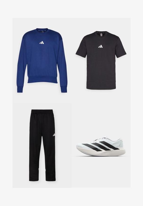 Blauwe sweatshirt met lange mouwen van zachte stof. Heeft een ronde hals en een wit Adidas-logo op de borst. Ribbeluitsneden aan de mouwen en onderkant.; Zwarte katoenen T-shirt met korte mouwen, voorzien van een wit Adidas-logo op de borst. Klassiek ontwerp met ronde hals.; Zwarte sportbroek met elastische tailleband en wit Adidas-logo op de rechterdij tegen een effen achtergrond.; Witte hardloopschoen met drie grote zwarte strepen aan de zijkant en een dikke, gebogen zool met het label Lightstrike Pro.