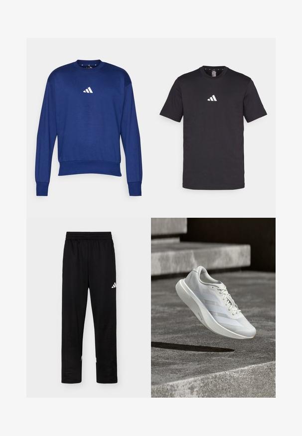 Modrá dlhá mikina s dlhým rukávom vyrobená z mäkkej látky. Obsahuje okrúhly výstrih a biele logo Adidas na hrudníku. Ribované manžety a lem.; Čierne bavlnené tričko s krátkymi rukávmi, s bielym logom Adidas na hrudi. Klasický dizajn s okrúhlym výstrihom.; Čierne športové nohavice s elastickým pásom a bielym logom Adidas na pravom stehne na jednoduchom pozadí.; Biela športová obuv s priedušným sieťovinovým zvrškom, tromi bočnými pruhmi, flexibilnou podrážkou a minimalistickým dizajnom, zavesená nad sivým betónovým povrchom.