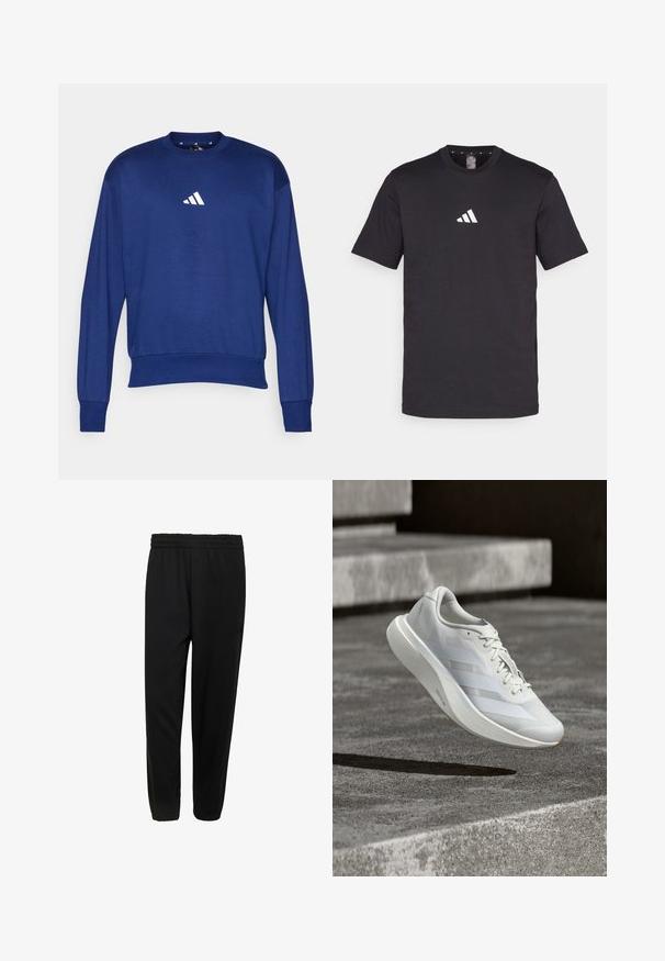 Blauwe sweatshirt met lange mouwen van zachte stof. Heeft een ronde hals en een wit Adidas-logo op de borst. Ribbeluitsneden aan de mouwen en onderkant.; Zwarte katoenen T-shirt met korte mouwen, voorzien van een wit Adidas-logo op de borst. Klassiek ontwerp met ronde hals.; Zwarte sweatpants met elastische taille, een ontspannen pasvorm en elastische boorden, ontworpen voor casual gebruik.; Witte sportschoen met bovenwerk van mesh, drie zijstrepen, flexibele zool en minimalistisch ontwerp, zwevend boven een grijze betonnen ondergrond.