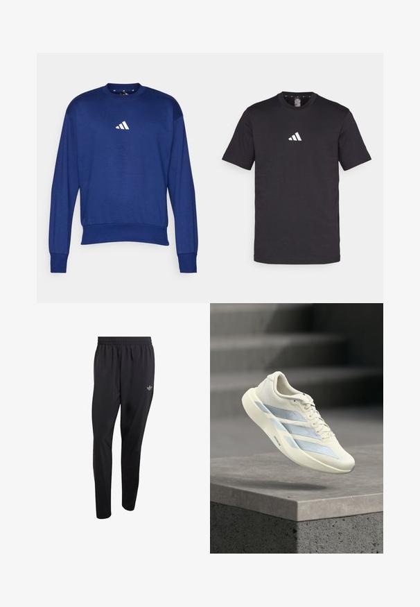 Sudadera azul de manga larga hecha de un tejido suave. Cuenta con un cuello redondo y un logo blanco de Adidas en el pecho. Puños y dobladillo acanalados.; Camiseta de algodón negra con mangas cortas, que presenta un logo blanco de Adidas en el pecho. Diseño clásico de cuello redondo.; Pantalones deportivos negros hechos de material ligero, con una cintura elástica y un pequeño logo en relieve en la parte superior del muslo izquierdo.; Zapatilla de correr blanca con rayas azul claro flotando sobre un borde de concreto y escaleras grises en el fondo.