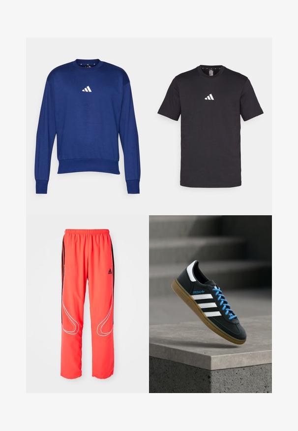 Sinine pikka varrukaga särk, mis on valmistatud pehmest kangast. Omab ümmargust kaelust ja valget Adidas'i logo rinnal. Ribitud varrukaotsad ja alläär.; Must musta t-särk lühikeste varrukatega, millel on rinna peal valge Adidas logo. Klasikaline ümar kaelus.; Punased spordipüksid, laia lõikega, elastse vöökohtadega, mustade külgtriipudega ja valgete ääristega jalgadel. Adidas logo puusakul.; Must Adidas toss valgete triibu, siniste paelte ja kummist tallaga, hõljuv pehme valgusega halli betoonastme kohal.