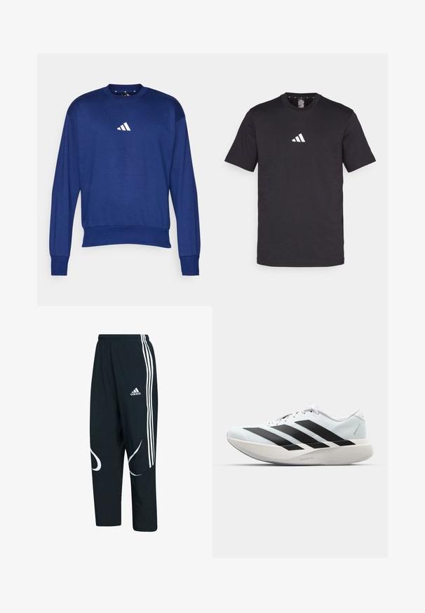 Sinine pikka varrukaga särk, mis on valmistatud pehmest kangast. Omab ümmargust kaelust ja valget Adidas'i logo rinnal. Ribitud varrukaotsad ja alläär.; Must musta t-särk lühikeste varrukatega, millel on rinna peal valge Adidas logo. Klasikaline ümar kaelus.; Mustad trackipüksid valgete triipidega ja logoga, laia lõikega, elastse vöökoha ja kõverate valgete mustritega külgedel.; Valge jooksujalats kolme suure musta triibuga küljel ja paks kaardus talla, millel on silt Lightstrike Pro.