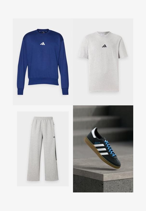 Sinine pikka varrukaga särk, mis on valmistatud pehmest kangast. Omab ümmargust kaelust ja valget Adidas'i logo rinnal. Ribitud varrukaotsad ja alläär.; Hallhalli halli puuvillane t-särk lühikeste varrukatega, ümmarguse kaelusega, millel on väike must kolme triibu logo vasakus ülemises rinnaosas.; Heledast hallid laia lõikega dressipüksid elastse vöökoha ja musta Adidas trefoil logoga paremal reiel.; Must Adidas toss valgete triibu, siniste paelte ja kummist tallaga, hõljuv pehme valgusega halli betoonastme kohal.