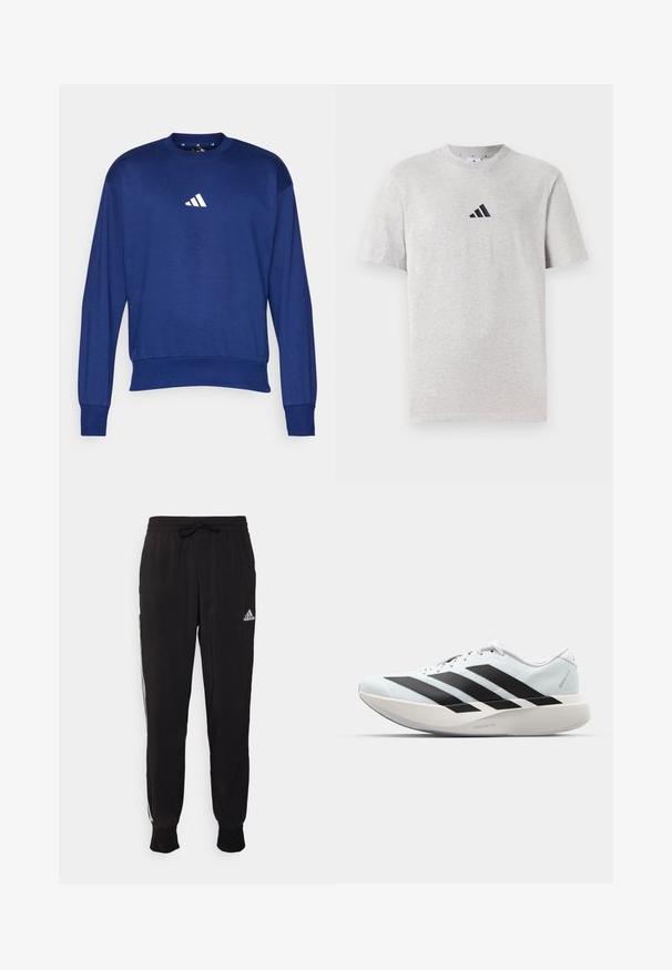 Modrá dlhá mikina s dlhým rukávom vyrobená z mäkkej látky. Obsahuje okrúhly výstrih a biele logo Adidas na hrudníku. Ribované manžety a lem.; Šedé bavlnené tričko s krátkymi rukávmi a okrúhlym výstrihom, s malým čiernym logom so tromi pruhmi na hornej ľaviej strane hrude.; Čierne športové nohavice z mäkkej tkaniny, s pásom na šnúrku a bielymi bočnými pruhmi. Elastické manžety pri členkoch.; Biela bežecká topánka s tromi veľkými čiernymi pruhmi na boku a hrubou zakrivenou podrážkou označenou Lightstrike Pro.