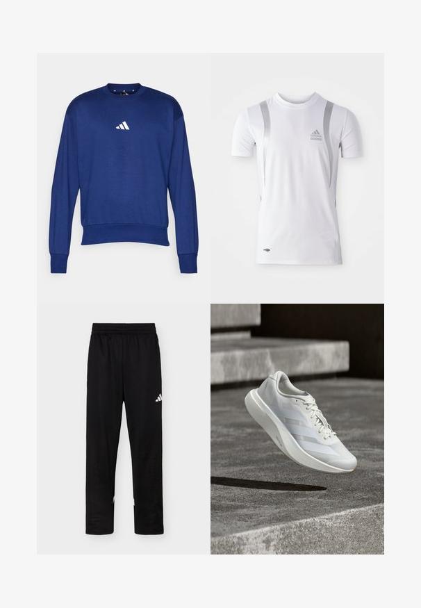 Modrá dlhá mikina s dlhým rukávom vyrobená z mäkkej látky. Obsahuje okrúhly výstrih a biele logo Adidas na hrudníku. Ribované manžety a lem.; Biely športový dres s krátkym rukávom so striebornými akcentmi, s okrúhlym výstrihom a logom Adidas na hrudi. Vyrobený z materiálu odvádzajúceho vlhkosť.; Čierne športové nohavice s elastickým pásom a bielym logom Adidas na pravom stehne na jednoduchom pozadí.; Biela športová obuv s priedušným sieťovinovým zvrškom, tromi bočnými pruhmi, flexibilnou podrážkou a minimalistickým dizajnom, zavesená nad sivým betónovým povrchom.