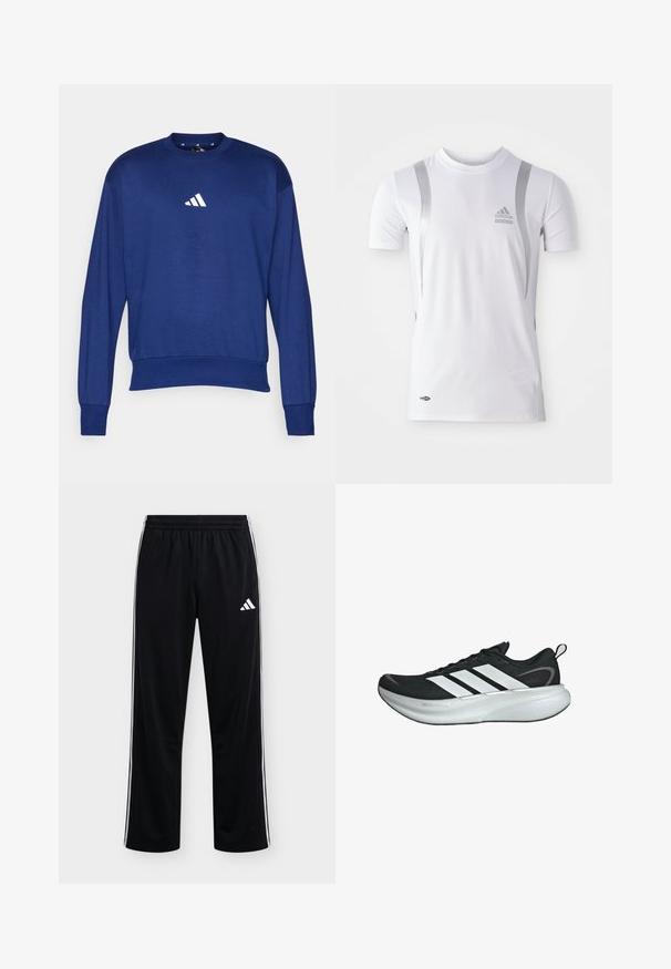 Blaues Langarm-Sweatshirt aus weichem Material. Hat einen Rundhalsausschnitt und ein weißes Adidas-Logo auf der Brust. Rippbündchen an den Ärmeln und am Saum.; Weißes athletic Shirt mit kurzen Ärmeln und silbernen Akzenten, runder Ausschnitt und einem Adidas-Logo auf der Brust. Hergestellt aus feuchtigkeitsableitendem Stoff.; Schwarze Adidas Trainingshose mit weißen Seitenstreifen und Logo am oberen linken Oberschenkel, elastischem Bund, gerader Beinführung.; Schwarz-weißer Sportschuh mit dicker weißer Sohle und drei weißen Streifen an der Seite, ausgestattet mit Fersenlasche und schlankem Design.
