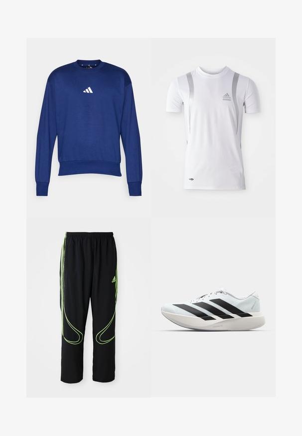 Modrá dlhá mikina s dlhým rukávom vyrobená z mäkkej látky. Obsahuje okrúhly výstrih a biele logo Adidas na hrudníku. Ribované manžety a lem.; Biely športový dres s krátkym rukávom so striebornými akcentmi, s okrúhlym výstrihom a logom Adidas na hrudi. Vyrobený z materiálu odvádzajúceho vlhkosť.; Čierne atletické nohavice Adidas s neonovo zelenými zakrivenými líniami a tromi pruhmi po stranách, elastickým pásom a logom Adidas na prednom stehne.; Biela bežecká topánka s tromi veľkými čiernymi pruhmi na boku a hrubou zakrivenou podrážkou označenou Lightstrike Pro.