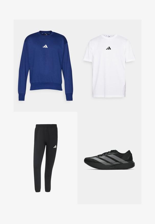 Blauwe sweatshirt met lange mouwen van zachte stof. Heeft een ronde hals en een wit Adidas-logo op de borst. Ribbeluitsneden aan de mouwen en onderkant.; Witte katoenen T-shirt met een klein zwart driehoekig logo op de borst, korte mouwen en een ronde halslijn. Eenvoudig en klassiek ontwerp.; Zwarte atletische joggerbroek met elastische tailleband en boorden, met een klein wit Adidas-logo op de rechterdij.; Zwarte sportieve schoenen met een lichtgewicht ontwerp, voorzien van drie opvallende grijze strepen, een gladde textuur en een gevormde zool.