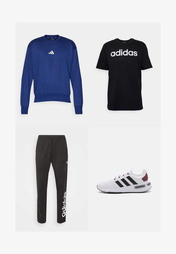 Sudadera azul de manga larga hecha de un tejido suave. Cuenta con un cuello redondo y un logo blanco de Adidas en el pecho. Puños y dobladillo acanalados.; Camiseta de algodón negra con mangas cortas, que presenta un gran logo blanco de Adidas en el frontal. Diseño clásico de cuello redondo.; Pantalones atléticos negros de mezcla de algodón, con una cinturilla elástica con cordón y el logo blanco de "adidas" impreso en la pierna izquierda.; Zapatillas deportivas blancas con rayas negras, parte superior de malla, cuello acolchado y un acento rojo en el talón. Unidad de aire transparente en la suela.