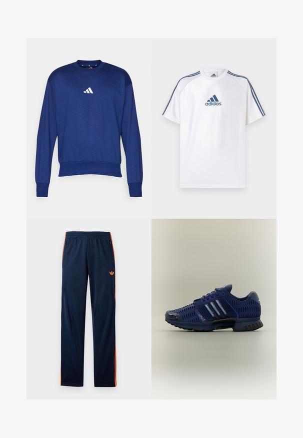 Sinine pikka varrukaga särk, mis on valmistatud pehmest kangast. Omab ümmargust kaelust ja valget Adidas'i logo rinnal. Ribitud varrukaotsad ja alläär.; Valge Adidas T-särk siniste detailidega, lühikeste varrukatega ja ümmarguse kaelusega. Esiküljel sinine Adidas logo ja õlgadel kolm triipu.; Tumesinised spordipüksid oranži küljeribadega, elastse vöökohaga, esikäepidemetega, millel on lukuga taskud, ja väikese oranži Adidas logo reiel.; Tumesinised spordijalatsid võrgusüli ja lõigete, kolme metallilise triibu ning tugipadjaga tallaga. Kummist välistald haarduvuse tagamiseks.