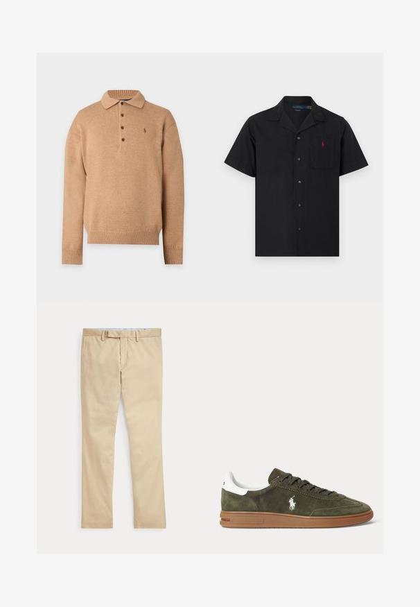Pull en maille marron camel à manches longues avec col et patte de boutonnage à quatre boutons, poignets et bas côtelés, et petit logo brodé sur la poitrine.; Chemise noire à manches courtes avec col à encoche et poche poitrine ornée d'un petit logo rouge brodé.; Pantalon beige à jambes droites avec passants de ceinture et braguette zippée à l'avant, posé à plat sur un fond blanc.; Baskets en daim vert olive avec semelle en caoutchouc marron, languette de talon blanche, devant à lacets et logo joueur de polo Ralph Lauren blanc sur le côté.
