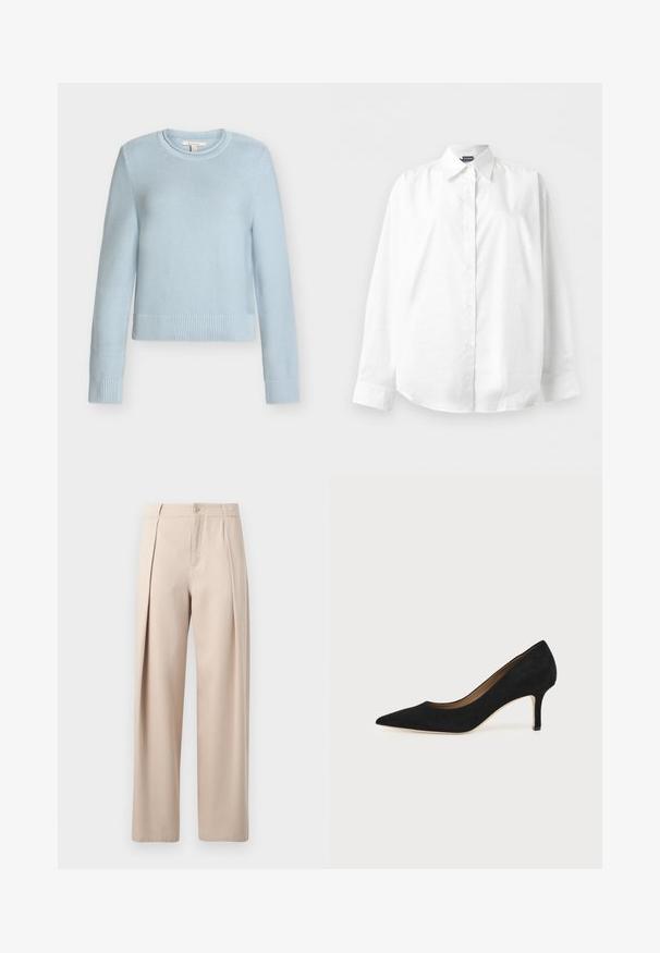 Pull en maille bleu clair à col rond avec manches longues et poignets et ourlet côtelés, présenté sur fond blanc.; Chemise blanche à manches longues avec col pointu, boutonnée, présentée à plat sur un fond blanc uni.; Pantalon beige à coupe droite, avec deux plis devant, une braguette à boutons et une texture lisse. Aucune poche visible sur l'image.; Escarpin en daim noir à bout pointu avec un talon stiletto fin de hauteur moyenne et un design à coupe basse sur un fond uni.