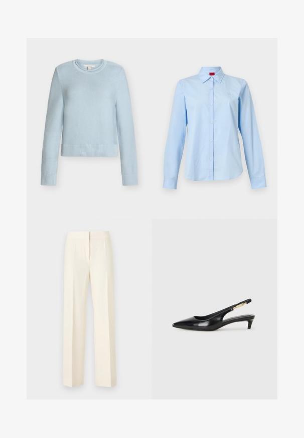Pull en maille bleu clair à col rond avec manches longues et poignets et ourlet côtelés, présenté sur fond blanc.; Chemise bleu clair à manches longues avec col pointu et petit logo sur la poitrine gauche, présentée sur un fond blanc uni.; Pantalon droit sur mesure couleur blanc cassé avec pli avant, ceinture et fermeture avant dissimulée sur un fond uni.; Talons hauts en cuir noir avec un bout pointu, dotés d'un talon fin et d'un accent en ton or sur la lanière réglable. Texture lisse.