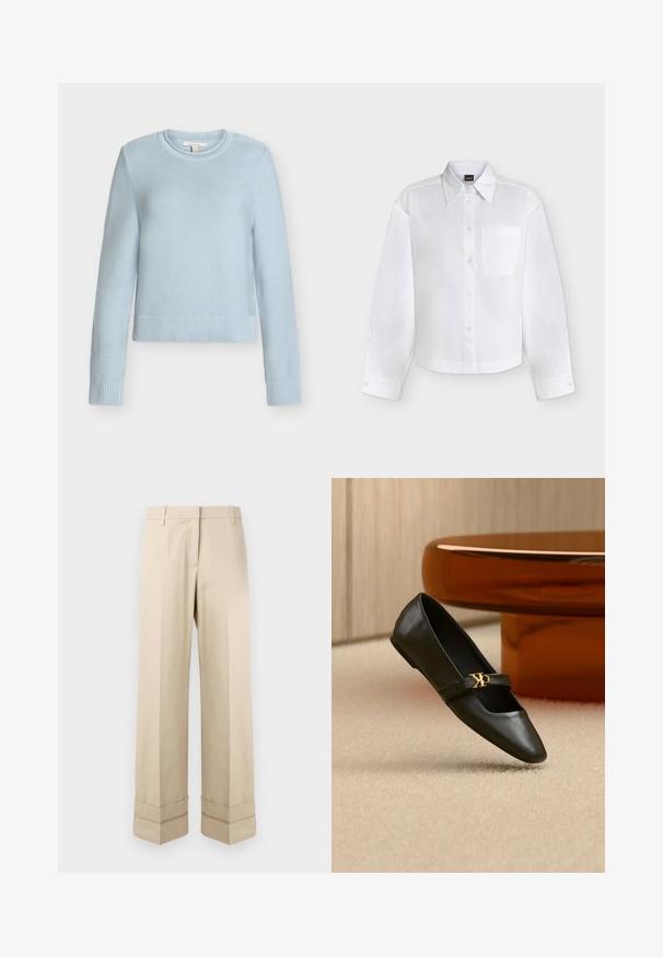 Pull en maille bleu clair à col rond avec manches longues et poignets et ourlet côtelés, présenté sur fond blanc.; Chemise blanche à manches longues boutonnée, avec col pointu et poche poitrine, présentée sur un fond clair uni.; Pantalons beige avec une coupe droite, dotés d'un double revers au bas et d'un design à plat à l'avant. Fabriqués en tissu lisse et durable.; Chaussure plate en cuir noir avec bout pointu et logo CK doré sur la bride, posée sur un tapis beige près d'une table ronde couleur ambre brun.