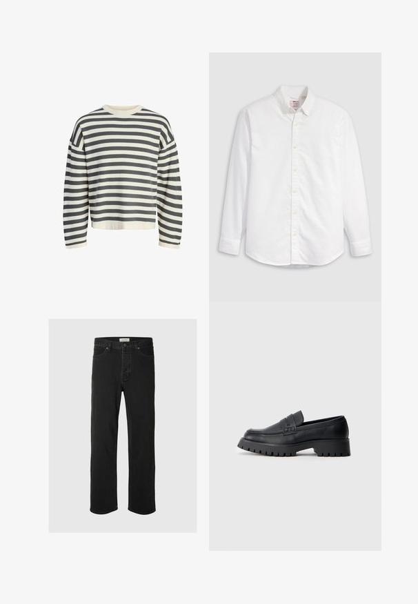 Pull rayé en crème et gris foncé, avec un col rond côtelé, des manches longues et une coupe décontractée avec un ourlet court.; Chemise blanche à boutons en coton avec manches longues, col classique et ourlet arrondi. Dotée de boutons jaunes et d'un branding discret.; Des jeans en denim noir à coupe droite disposent d'un design classique à cinq poches avec fermeture à bouton, de coutures minimales et d'une texture douce.; Mocassins en cuir noir avec un bout arrondi, présentant une sangle décorative et une semelle en caoutchouc épaisse avec de profonds crampons pour une meilleure adhérence.