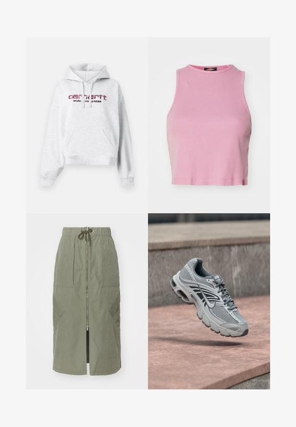 Grå hættejakke i fleece, med kengurulomme, snøre i hætten og en lyserød broderet "carhartt"-logo med "WORK IN PROGRESS."; Rosa ribbet crop top med rund halsudskæring og ærmeløs design. Har en kant, der slutter lige over taljen.; Oliven grøn midi-skjørt lavet af letvægtsstof, med en front lynlås, elastisk talje og store sidelommer med vinkelformede klapper.; Lys grå og hvid Nike løbesko med mesh-design, svævende over en stenet overflade udendørs.