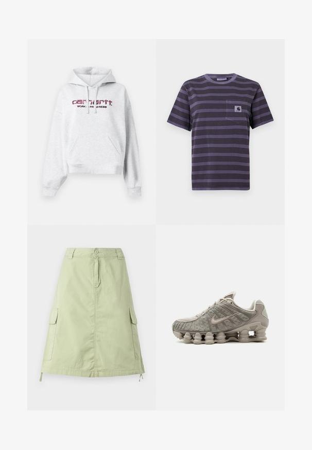 Grå hættejakke i fleece, med kengurulomme, snøre i hætten og en lyserød broderet "carhartt"-logo med "WORK IN PROGRESS."; Lilla stribet t-shirt med en lomme på venstre bryst, der har vandrette sorte striber. Blødt stof, korte ærmer, rund halsudskæring.; Lys grøn bomuldsknælang nederdel med to sidelommer, en knaplukning og en afslappet lige pasform. Ensartet tekstur.; Lysebeige Nike Shox sneaker med synligt søjleformet støddæmpende sål og mesh-detaljer på overdelen.