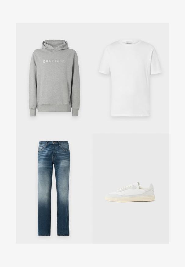 Grijze pullover hoodie van zachte stof, met een capuchon met trekkoord en een voorzak, met "QUARTZ CO" subtiel gedrukt op de borst.; Witte t-shirt met korte mouwen van katoen. Heeft een ronde halslijn en een rechte zoom. Geen patronen of versieringen. Eenvoudig ontwerp.; Denim jeans in donkerblauw vervaging, rechte pijpontwerp. Voorzien van vijf zakken, standaard tailleband met riemlussen, en metalen knoopsluiting.; Witte sneaker met een bovenwerk van gestructureerd suède en leer. Voorzien van een afgeronde neus, vetersluiting en een contrasterende beige rubberen zool.