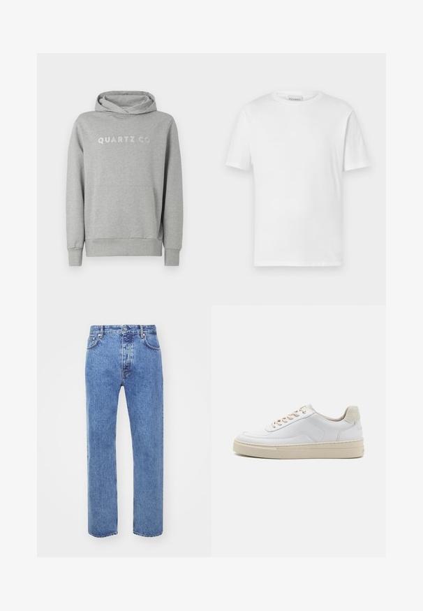 Grijze pullover hoodie van zachte stof, met een capuchon met trekkoord en een voorzak, met "QUARTZ CO" subtiel gedrukt op de borst.; Witte t-shirt met korte mouwen van katoen. Heeft een ronde halslijn en een rechte zoom. Geen patronen of versieringen. Eenvoudig ontwerp.; Won Hundred STEVE - Relaxed fit jeans - cut blue; Witte sneaker met een gevoerd leren bovenwerk, beige veters en een gestructureerde beige suede hieltab. Verhoogde zool voor extra hoogte.