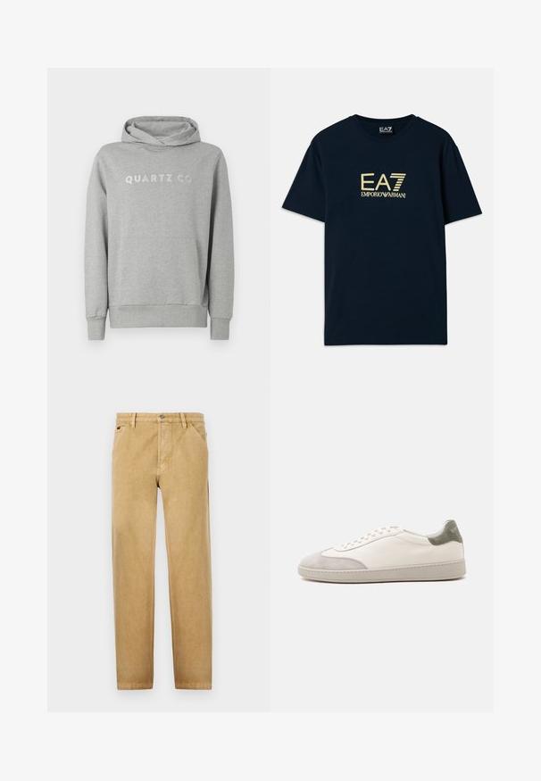 Sudadera con capucha gris hecha de un tejido suave, con capucha ajustable y bolsillo frontal, con "QUARTZ CO" impreso en un diseño sutil en el pecho.; Camiseta de algodón azul marino con un estampado dorado del logo "EA7 EMPORIO ARMANI" en el pecho, mangas cortas y un escote redondo.; Chinos marrones con un diseño de pierna recta, fabricados en tejido suave. Presentan bolsillos delanteros, un cierre de botón y detalles de costura sutiles.; Zapatilla blanca de caña baja con detalles de ante gris claro en la puntera y el talón, cordones blancos y una suela plana beige, vista desde el lado exterior.