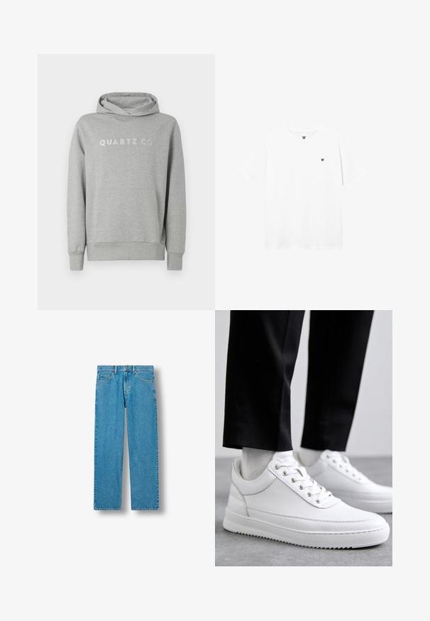 Sudadera con capucha gris hecha de un tejido suave, con capucha ajustable y bolsillo frontal, con "QUARTZ CO" impreso en un diseño sutil en el pecho.; Camiseta blanca de manga corta con cuello redondo, con un pequeño logo circular que presenta una "W" negra en el área del pecho izquierdo.; Vaqueros azules de corte recto con cierre frontal de botones y cremallera, trabillas para cinturón y bolsillos delanteros y traseros.; Zapatillas de cuero blanco con una suela de goma plana, que presentan un acabado suave, punta redonda y ojetes de metal para los cordones. Llevadas con pantalones negros.
