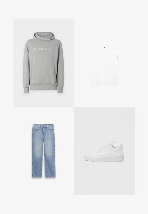 Sudadera con capucha gris hecha de un tejido suave, con capucha ajustable y bolsillo frontal, con "QUARTZ CO" impreso en un diseño sutil en el pecho.; Camiseta blanca de manga corta con cuello redondo, con un pequeño logo circular que presenta una "W" negra en el área del pecho izquierdo.; Vaqueros de mezclilla azul claro de corte recto con cinco bolsillos, trabillas para cinturón y cierre de botón y cremallera.; Zapatilla blanca de cuero con punta redondeada, suela plana y cierre de cordones. Presenta detalles de costuras y un cuello acolchado para mayor comodidad.